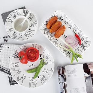 Nordic Ceramic Tableware Cat Style Breakfast Plate Western Food Plate Dim Sum Plate Soup Bowl Coffee Cup Mug Spoon