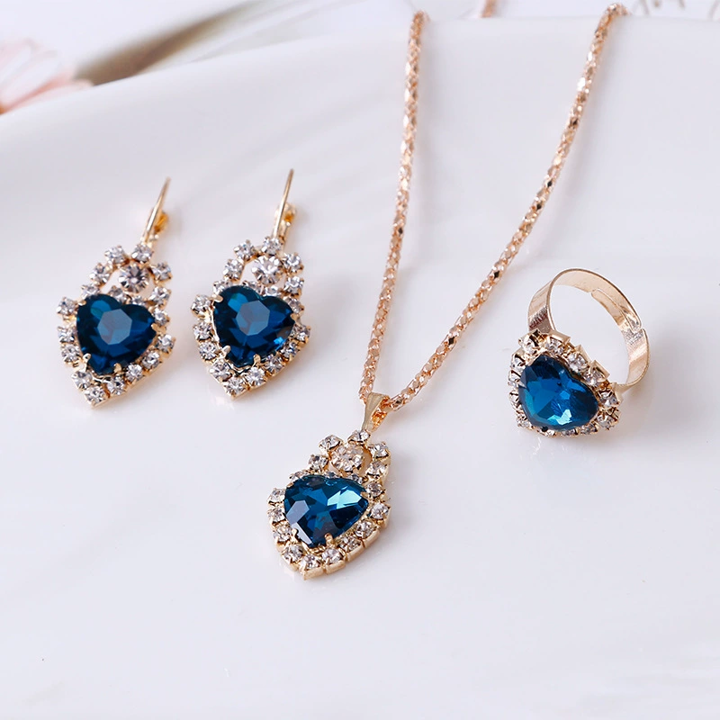 Earrings, ring, fashionable jewelry, pendant heart shaped, necklace heart-shaped for bride, 3 piece set, European style
