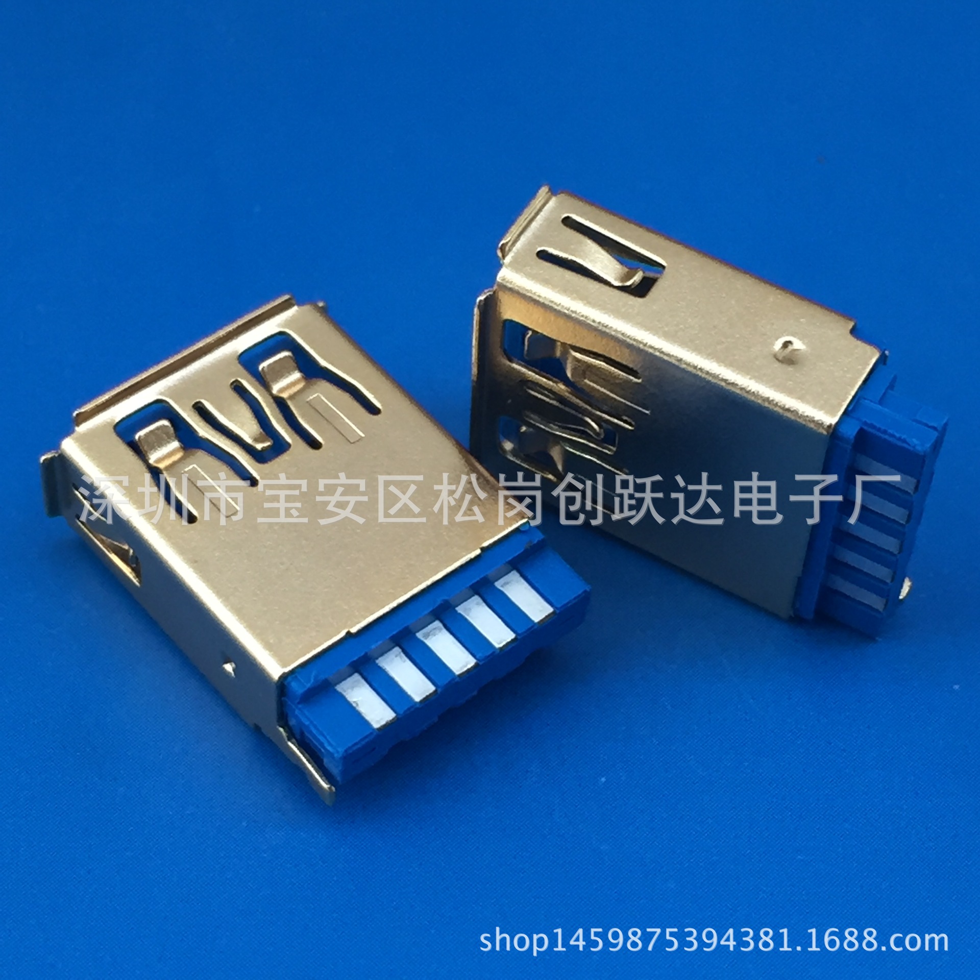USB 3.0 焊线式母座180度焊线式 9P/卷边 LCP蓝胶带接地脚 镀金