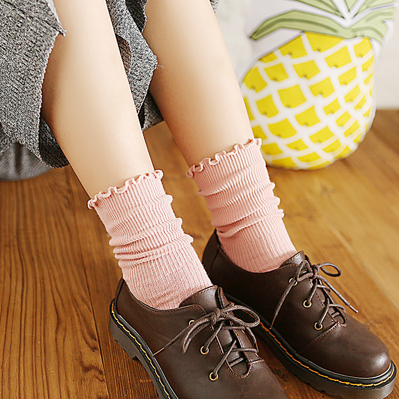 Stacked Socks Women's Japanese Style Autumn and Winter Cotton Thin Women's Socks Solid Color Wood Ear Retro Short Boots Socks