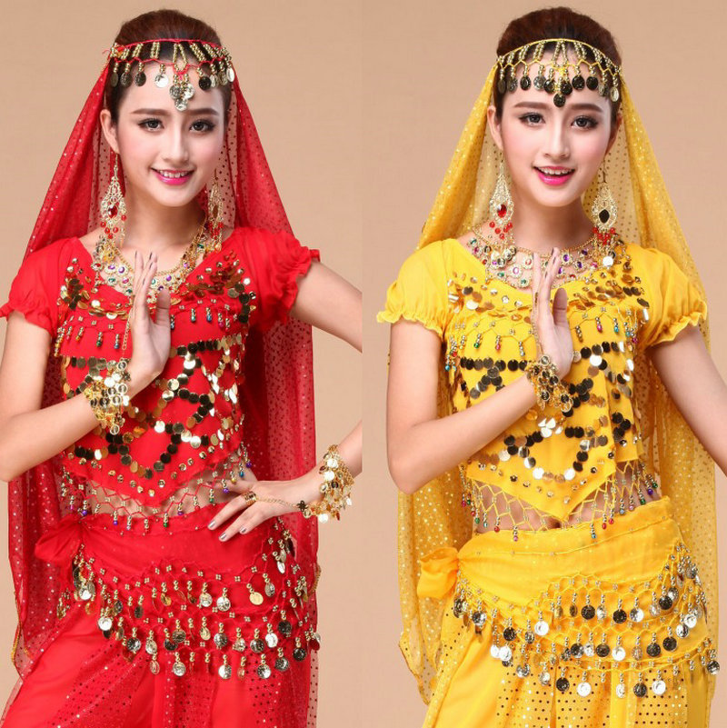 Highlights of Indian dance performance jewelry: headdresses, veils, new belly dance tops, necklaces, earrings, and bracelets.