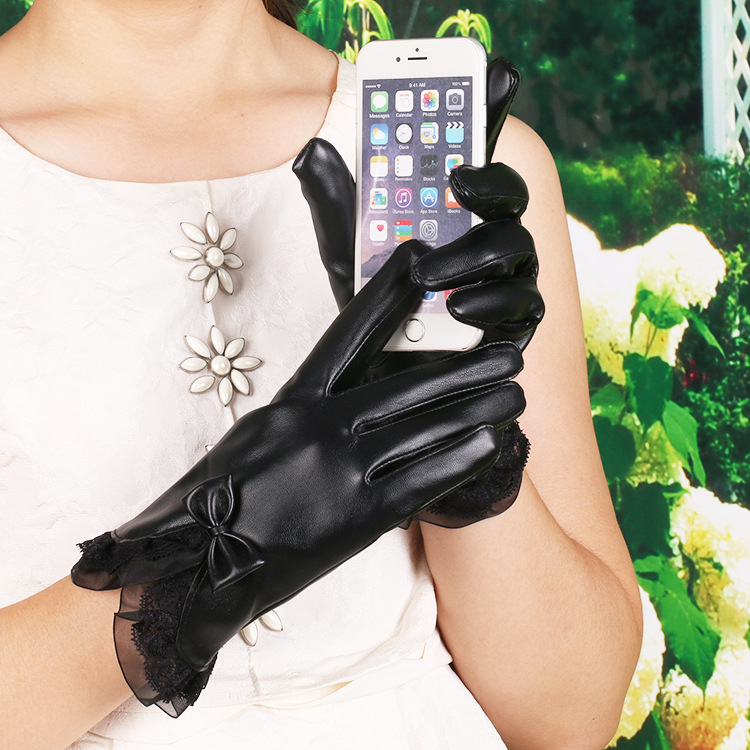 Guantes cálidos de Invierno para mujer nuevos guantes de cuero de PU con cordones forrados de lana de invierno engrosados guantes de cuero de pantalla táctil