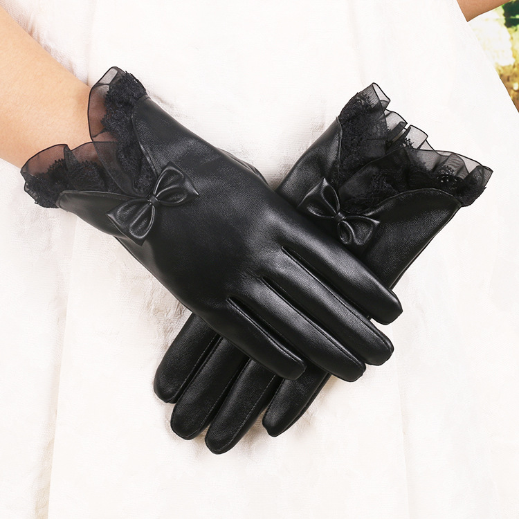Guantes cálidos de Invierno para mujer nuevos guantes de cuero de PU con cordones forrados de lana de invierno engrosados guantes de cuero de pantalla táctil