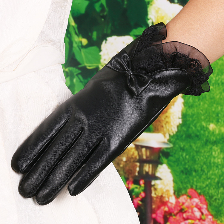 Guantes cálidos de Invierno para mujer nuevos guantes de cuero de PU con cordones forrados de lana de invierno engrosados guantes de cuero de pantalla táctil