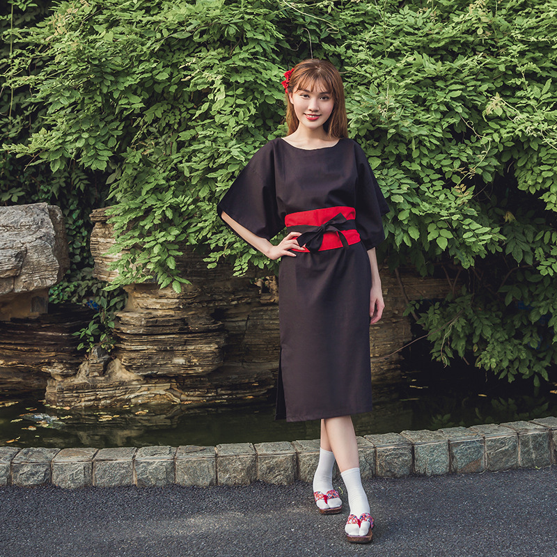 New Spring and Autumn Japanese Style Women's Kimono Cotton Linen dress Summer Mid-length Robe Belt for Home