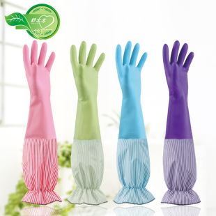 Kitchen Housework Cleaning Waterproof Duct and Velvet Thickened Gloves Flower Cloth Color PVC Latex Warm Rubber Gloves
