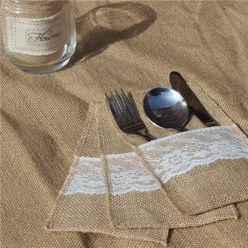 跨境现货创意麻布袋复古餐具收纳袋婚礼装饰黄麻蕾丝圣诞刀叉袋