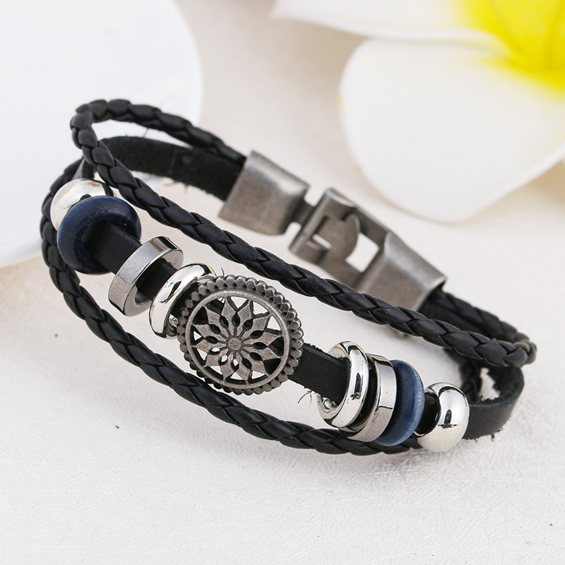 Cross-Border Hot-Selling Alloy Beaded Hand-Woven Leather Rope Bracelets for Men and Women, Popular Leather Bracelets in Europe and America, Couple's Jewelry