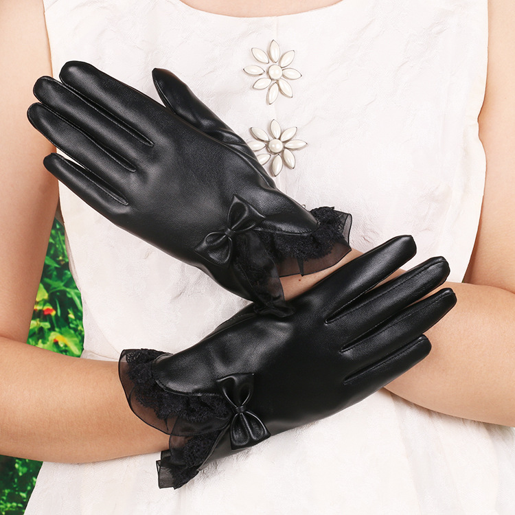 Guantes cálidos de Invierno para mujer nuevos guantes de cuero de PU con cordones forrados de lana de invierno engrosados guantes de cuero de pantalla táctil