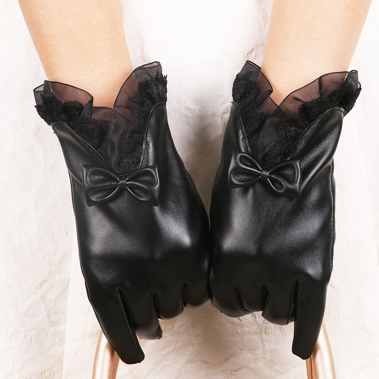 Guantes cálidos de Invierno para mujer nuevos guantes de cuero de PU con cordones forrados de lana de invierno engrosados guantes de cuero de pantalla táctil