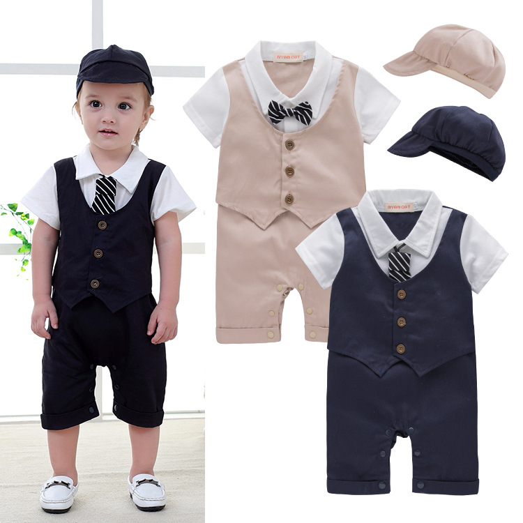 夏季新款婴儿童装 绅士礼服 男童短袖哈衣 假马甲连体衣/爬服+帽