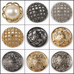 Button with hollowed-out pearl metal buckle, gold color men's shirt sweater trench coat decorative coat suit coat for women, round shape