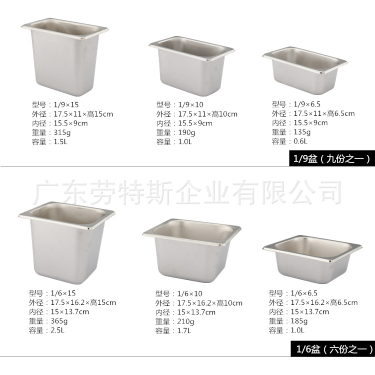 Lauters Exports American Stainless Steel Parts Basin 1/9gn pan Hot Pot Food Basin Milk Tea Ice Cream Basin
