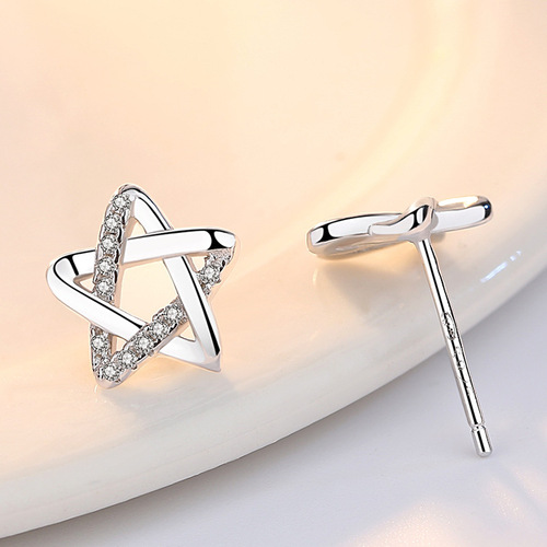 Weihua Japanese and Korean version zircon hollow five-pointed star personality earrings, women's silver earrings, ear jewelry wholesale