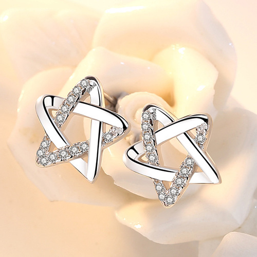 Weihua Japanese and Korean version zircon hollow five-pointed star personality earrings, women's silver earrings, ear jewelry wholesale