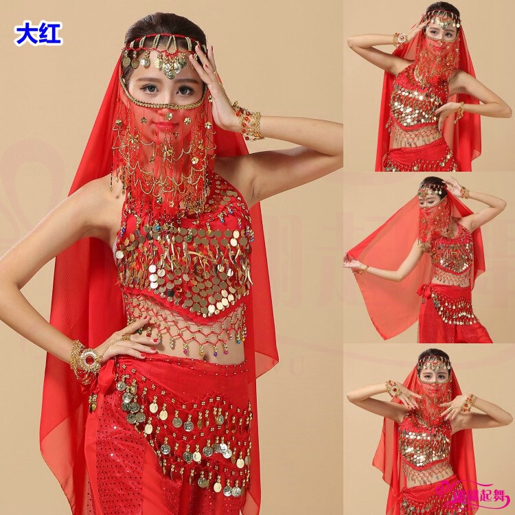 Indian Performance Clothing New Belly Dance Practice Bellyband Top Plum Blossom Veil Gemstone Bracelet Headdress Veil Gauze Scarf
