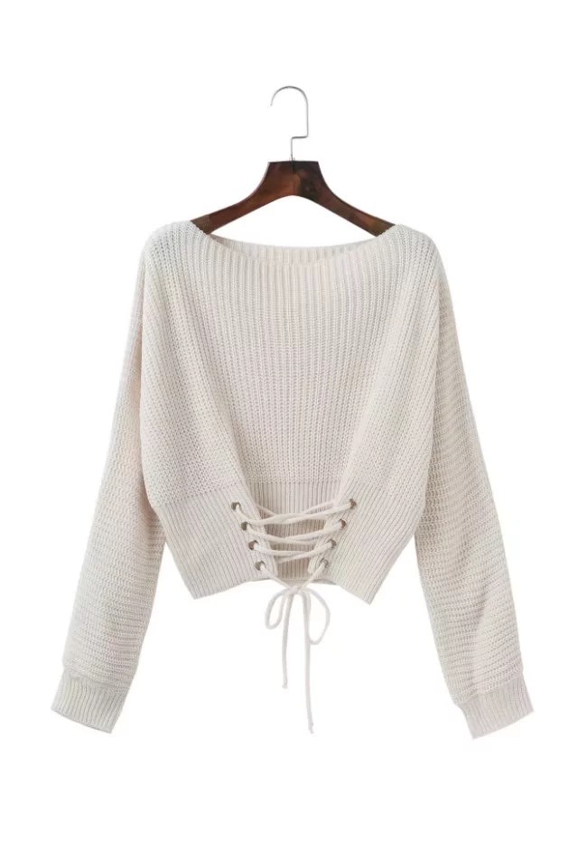 AliExpress deseo europeo y americano Comercio exterior suelta suéter de manga larga otoño e invierno nuevo suéter corto con cordones para mujeres