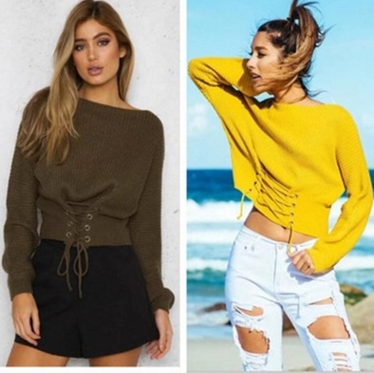 AliExpress deseo europeo y americano Comercio exterior suelta suéter de manga larga otoño e invierno nuevo suéter corto con cordones para mujeres