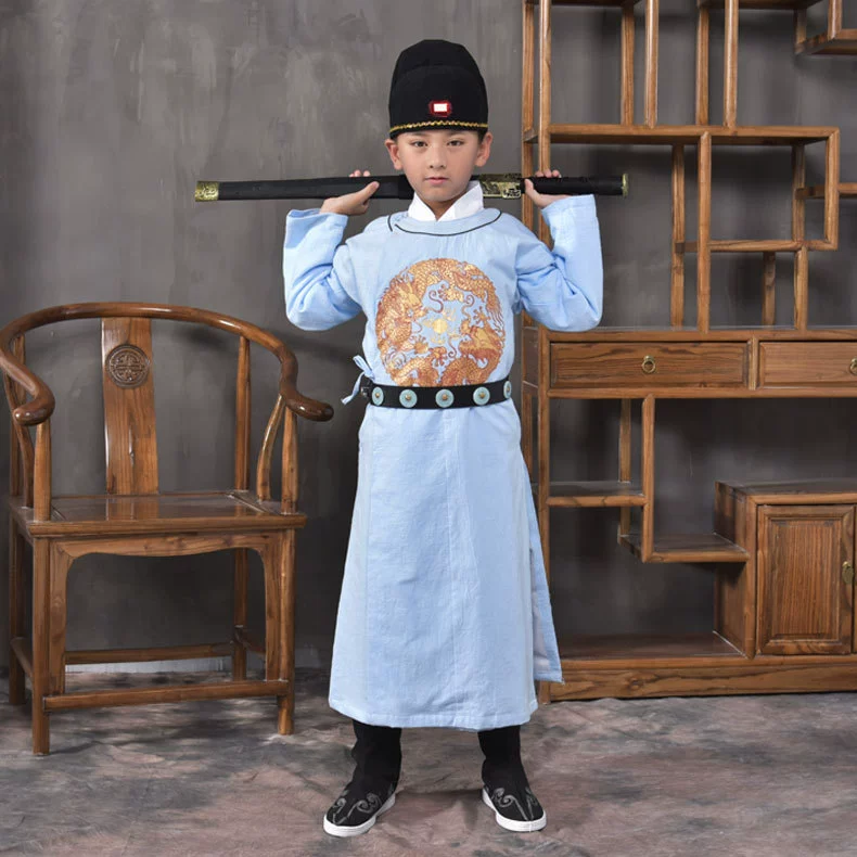 Hanyuefang детская одежда в стиле Хань, мужская и женская одежда в стиле Тан и Сун, халат с круглым вырезом, черная шляпа, нефритовый пояс, недревний костюм