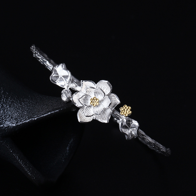 素十八s925银个性复古花朵荷叶手环女中国风创意民族荷花开口手镯