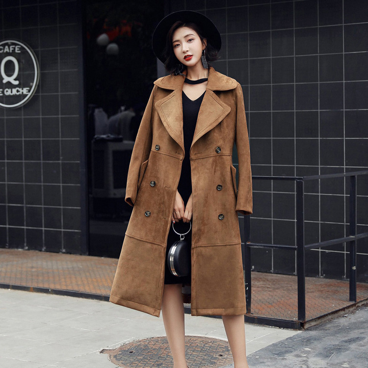 Papaya milk autumn and winter New Korean fashion trend suede coat double-breasted trench coat Luo Zijun with women
