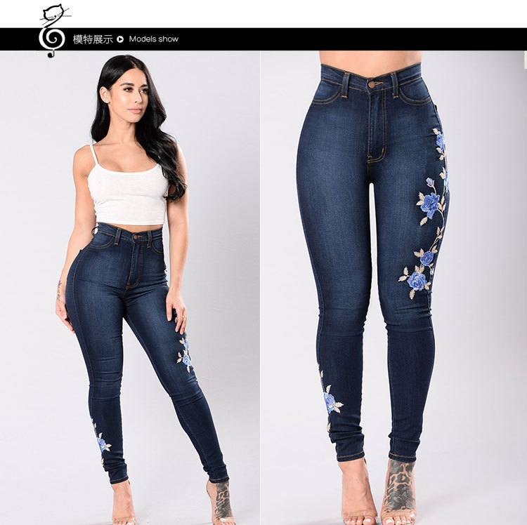 Aliexpress Amazon Wish European and American Embroidered Jeans Pencil Pants for Women with Small Legs