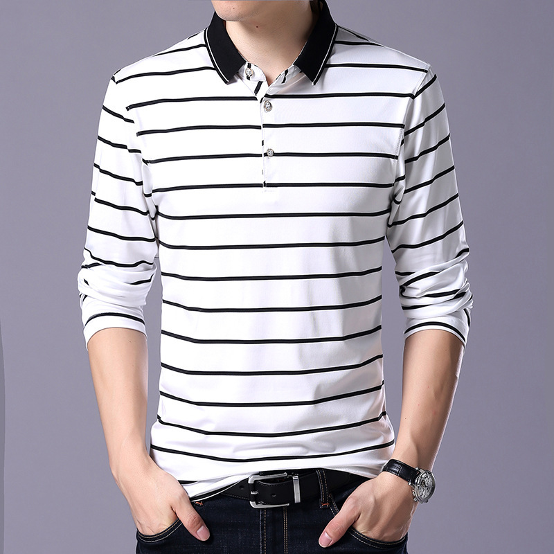[En stock] de algodón de los hombres de manga larga de estilo coreano camiseta delgada de los hombres de la solapa de Polo a rayas camiseta de los hombres 8250