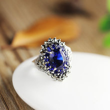 人品银品泰国精工手饰S925银蓝刚玉戒指大气仿古民族风女士指环