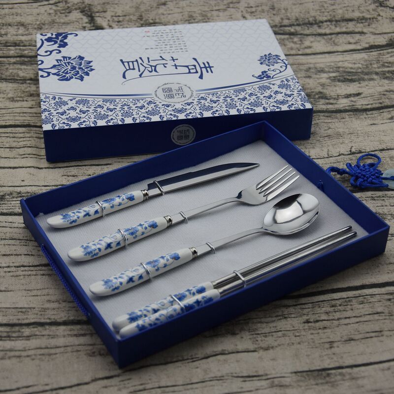 Ceramic Stainless Steel Tableware Blue and White Porcelain Four-Piece Set Chinese Style Gift Tableware Set Gift Box Exquisite