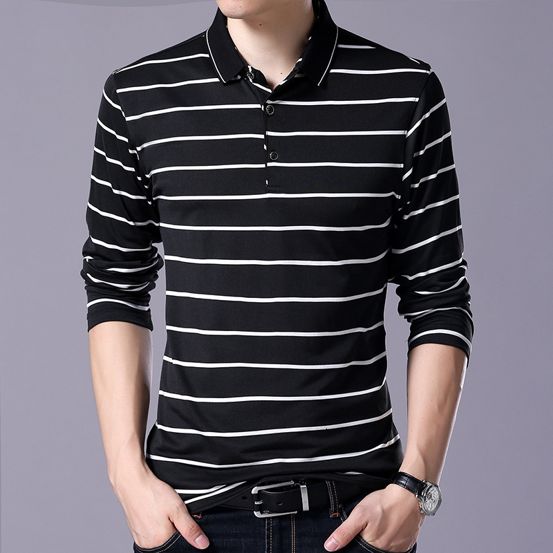 [En stock] de algodón de los hombres de manga larga de estilo coreano camiseta delgada de los hombres de la solapa de Polo a rayas camiseta de los hombres 8250