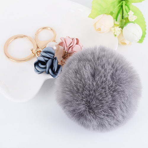 Autumn and winter new style pearl fabric flower pendant imitation fur ball car keychain creative women's bag pendant wholesale