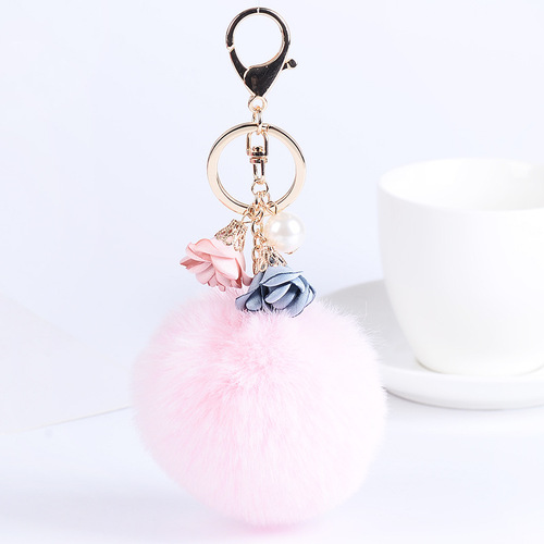 Autumn and winter new style pearl fabric flower pendant imitation fur ball car keychain creative women's bag pendant wholesale