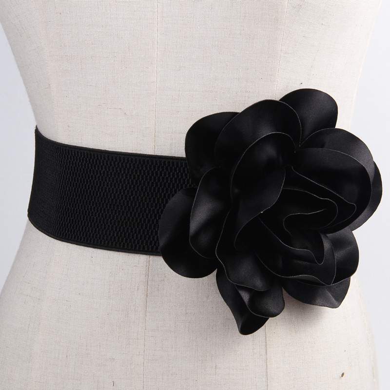 Falda de rendimiento de accesorios de vestido de mujer con forma de flor grande Cinturón ancho decorativo de flor negra para todo fósforo