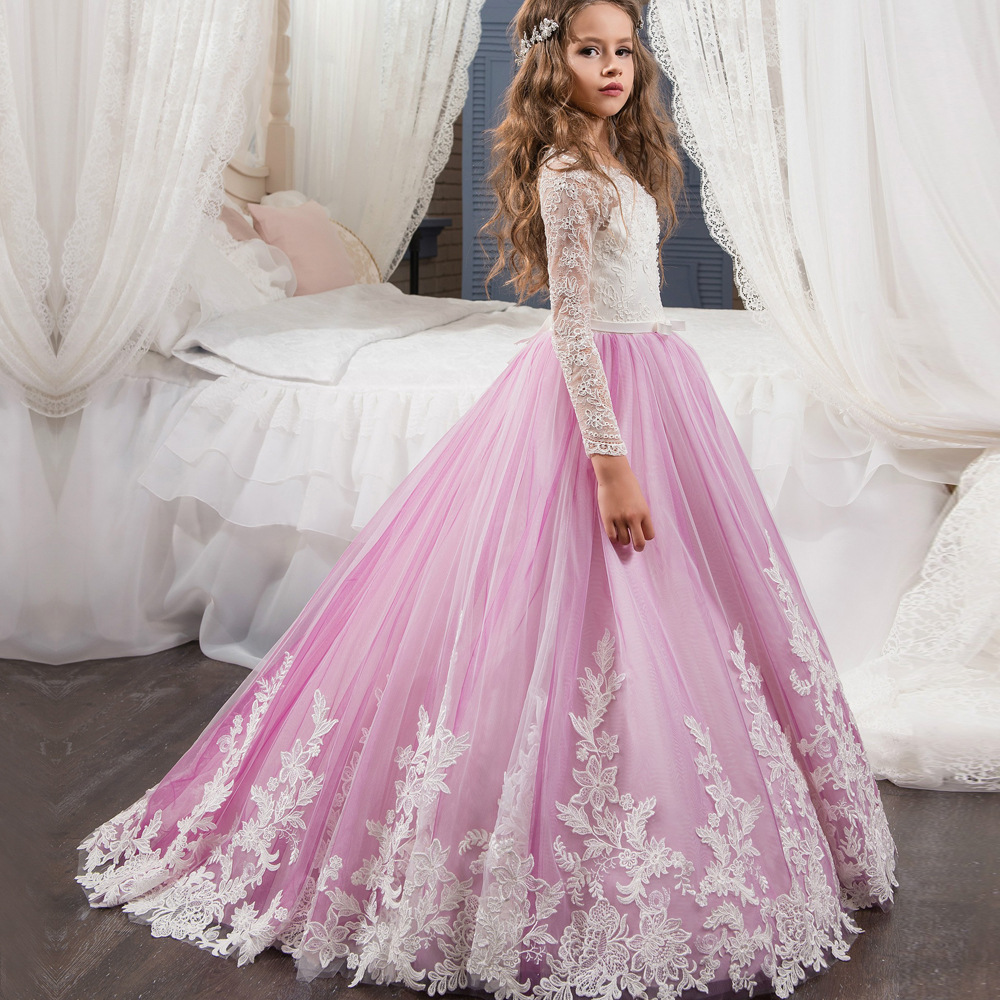 Ropa transfronteriza para niños nuevos Comercio exterior Encaje europeo y americano Manga larga Pequeño vestido de novia de niña de flores pequeñas Pettiskirt de niñas