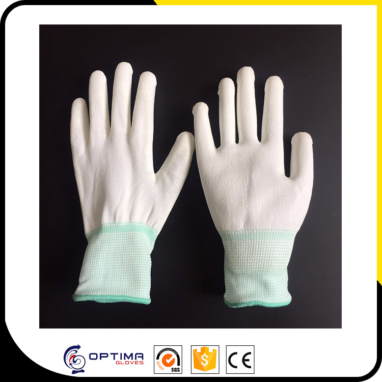 13针涤纶浸白PU手套单双包装可印刷logo出口欧美