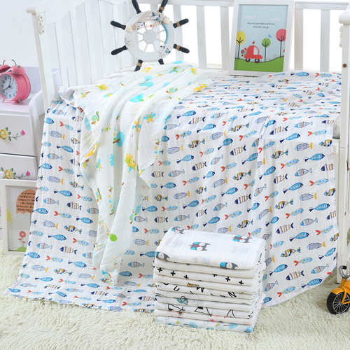 Newborn swaddling towel, baby gauze bath towel, gauze swaddle printed cartoon double layer quilt, blanket