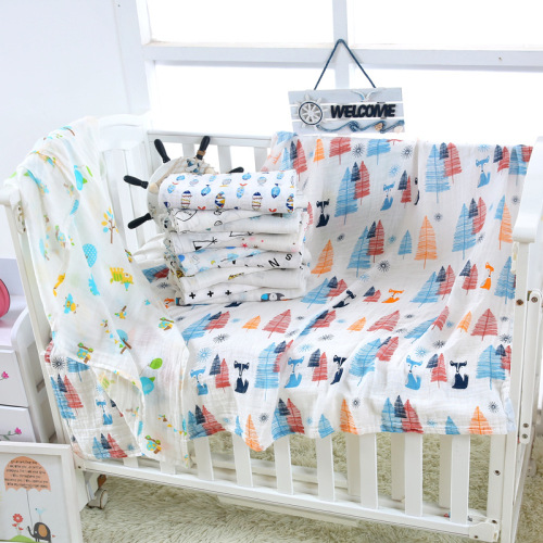 Newborn swaddling towel, baby gauze bath towel, gauze swaddle printed cartoon double layer quilt, blanket
