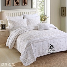 跨境纯棉床上三件套 美式简约纯色绣花绗缝床盖 纯棉空调被床盖