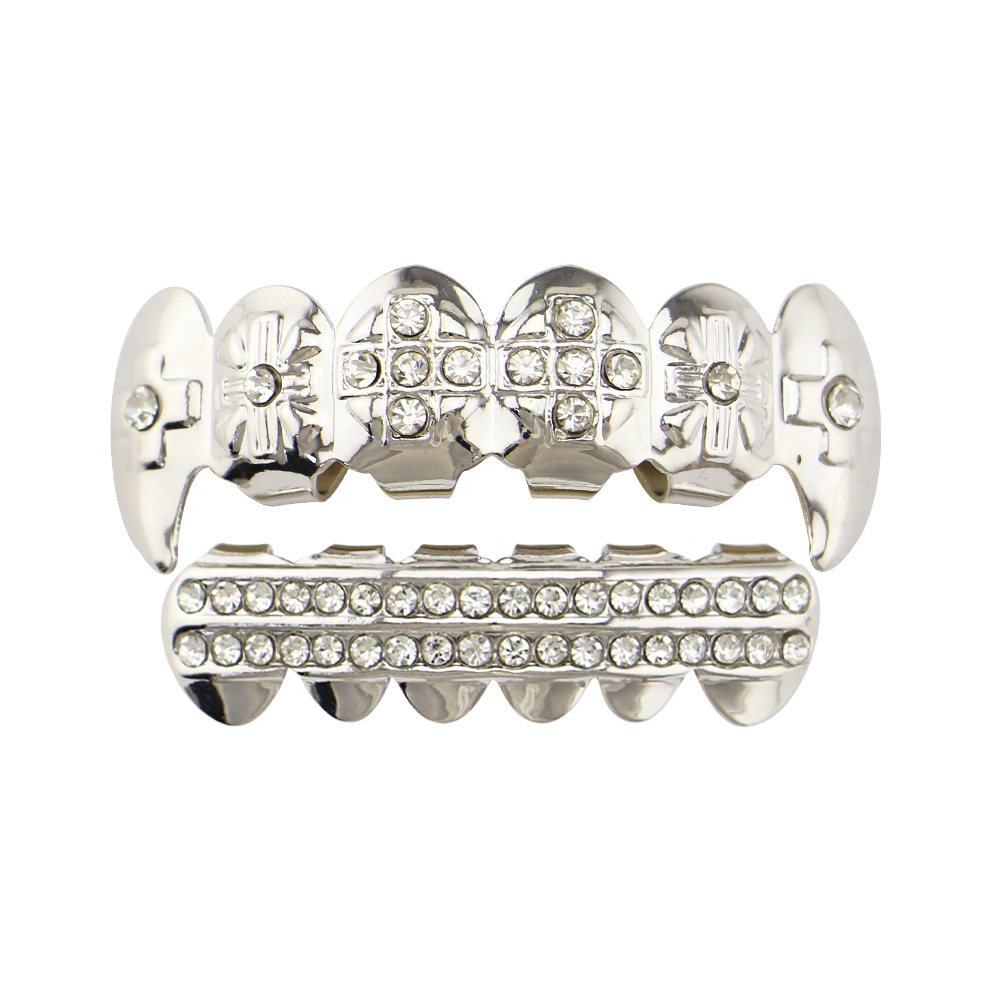 18 electrochapado diamante incrustado hip hop tirantes adecuado para hombres y mujeres europeos y americanos de Halloween tigre dientes vampiro dientes falsos dientes puntiagudos