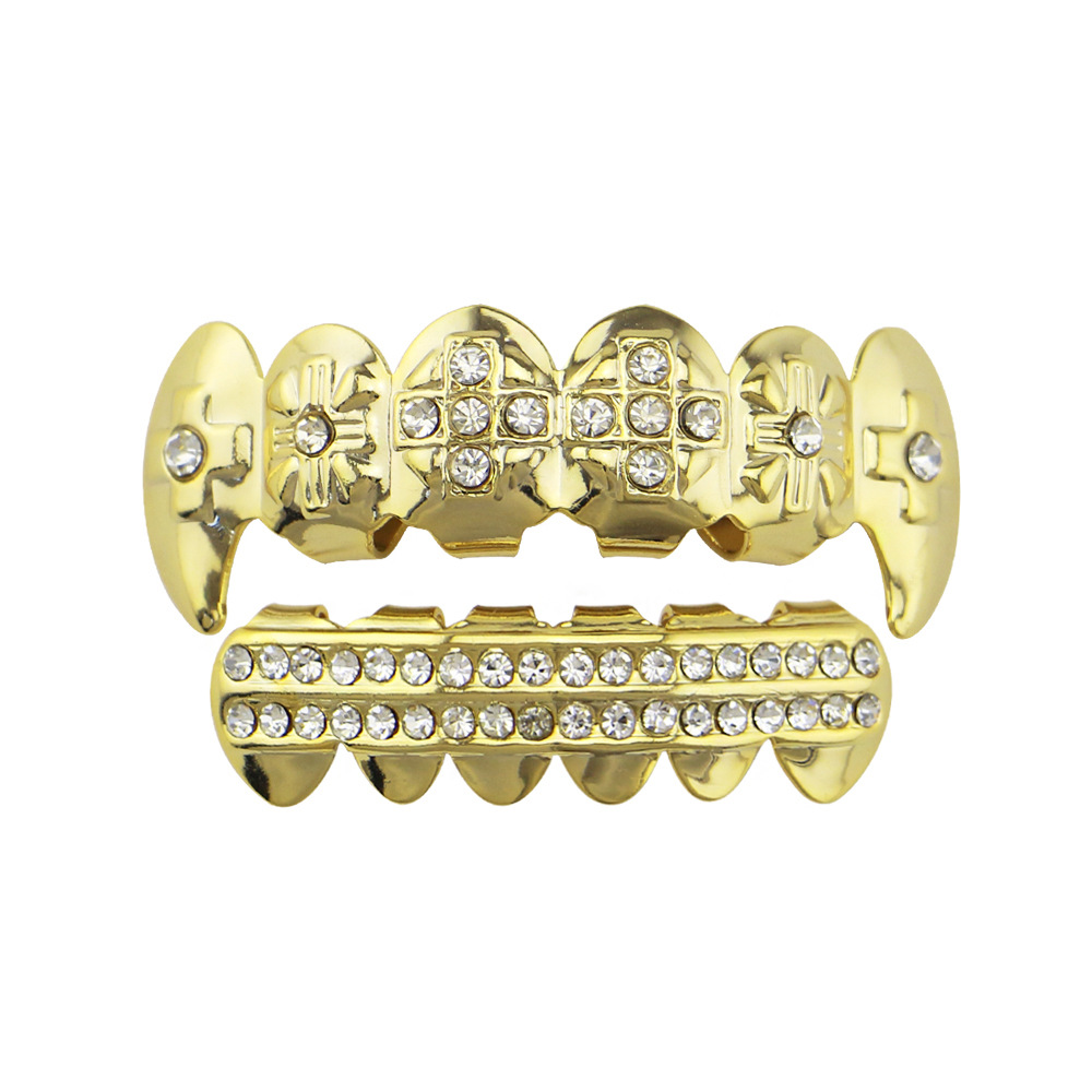 18 electrochapado diamante incrustado hip hop tirantes adecuado para hombres y mujeres europeos y americanos de Halloween tigre dientes vampiro dientes falsos dientes puntiagudos