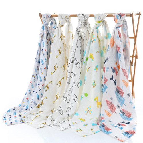 Newborn swaddling towel, baby gauze bath towel, gauze swaddle printed cartoon double layer quilt, blanket