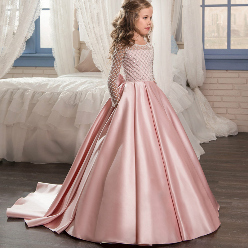 Comercio exterior transfronterizo nueva ropa para niños vestido para niños niñas encaje satén arco pequeño vestido de princesa de niña de flores