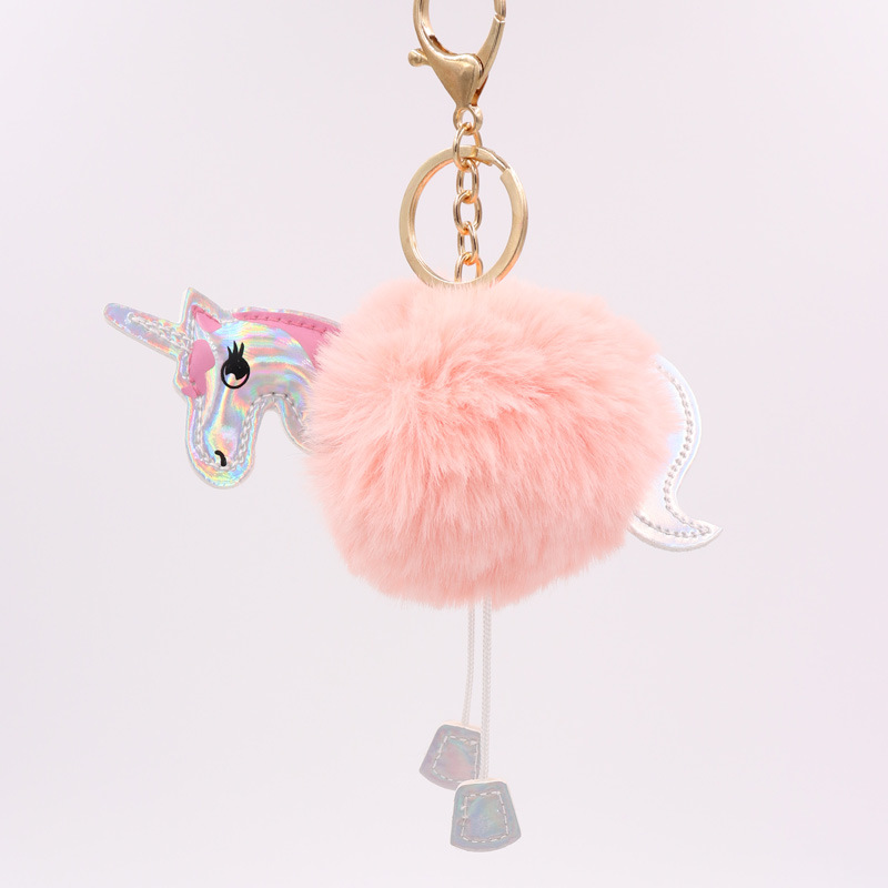 Unicornio llavero imitación Rex conejo de piel de bola colgante PU de cuero de dibujos animados Pony bolsa de peluche llavero fábrica al por mayor