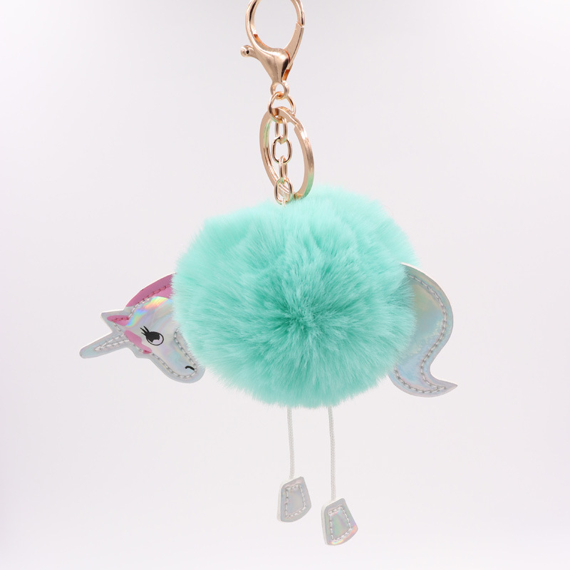 Unicornio llavero imitación Rex conejo de piel de bola colgante PU de cuero de dibujos animados Pony bolsa de peluche llavero fábrica al por mayor