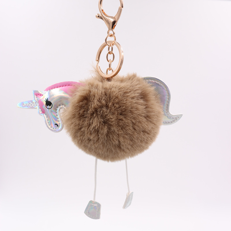 Unicornio llavero imitación Rex conejo de piel de bola colgante PU de cuero de dibujos animados Pony bolsa de peluche llavero fábrica al por mayor