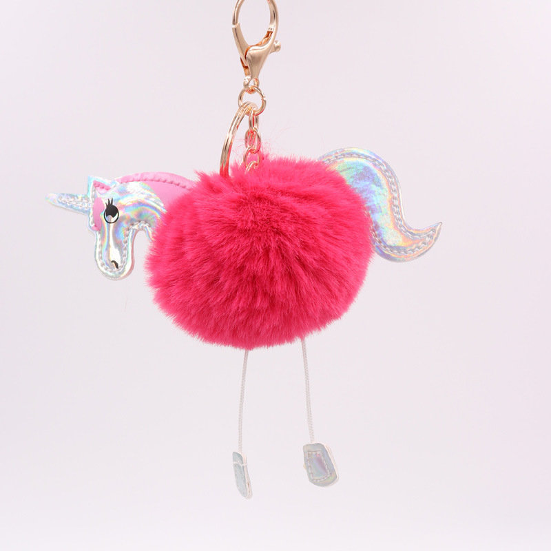 Unicornio llavero imitación Rex conejo de piel de bola colgante PU de cuero de dibujos animados Pony bolsa de peluche llavero fábrica al por mayor