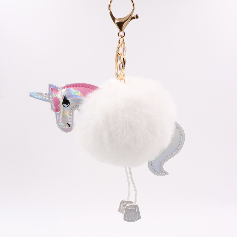 Unicornio llavero imitación Rex conejo de piel de bola colgante PU de cuero de dibujos animados Pony bolsa de peluche llavero fábrica al por mayor