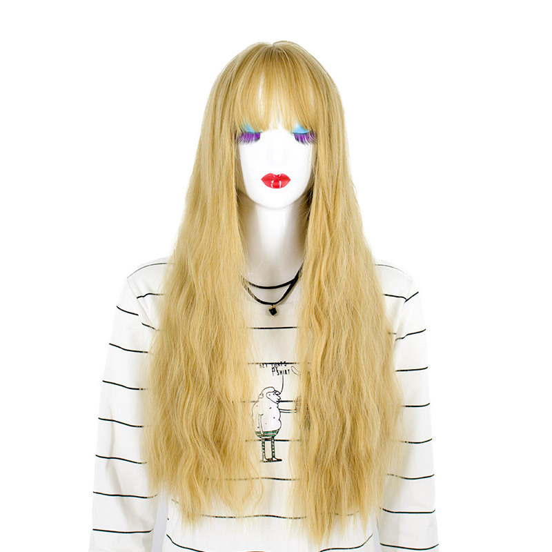 Factory wholesale wig women's long curly hair corn perm bubble noodle roll big wave thin air bangs chemical fiber hair set head cover