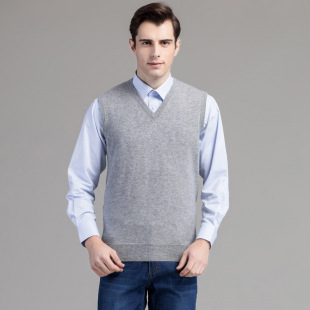 Autumn and Winter New V-neck Pullover Pure Cashmere Vest Men's Solid Color Shirt Outer Wear Solid Color Waistcoat for Hair