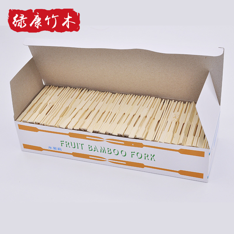 En caja de bambú palo hogar bambú fruta palo pastel postre merienda tenedor KTV comercial desechable fruta tenedor